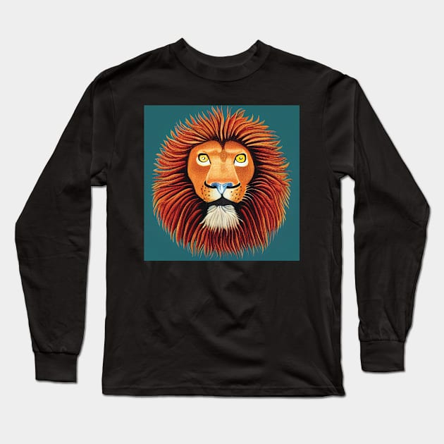 Storybook Lion on a Teal Background Long Sleeve T-Shirt by Geminiartstudio